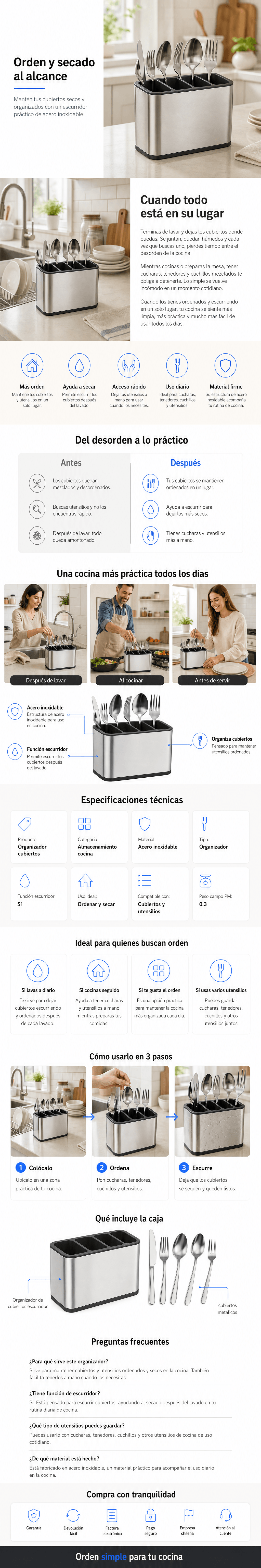 Organizador de Cubiertos Escurridor Cocina Acero Inoxidable: ficha completa