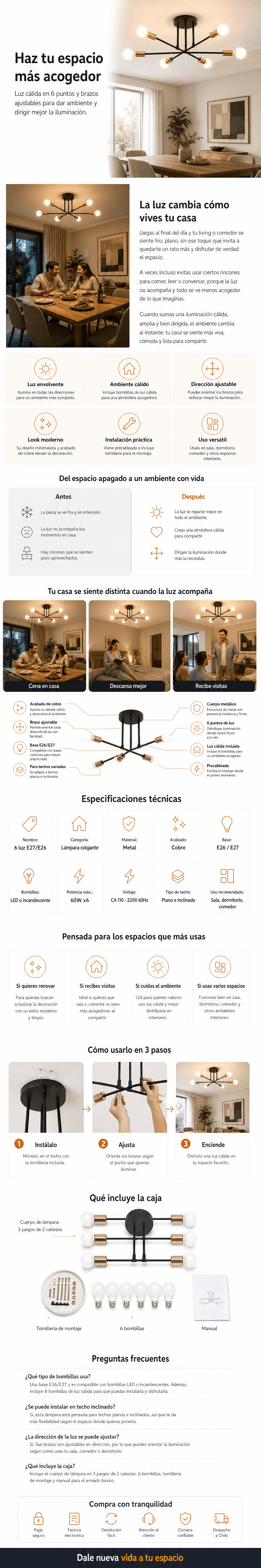 Lámpara De Techo Moderna 6 Luz E27/E26 Lampara Colgantes: ficha completa