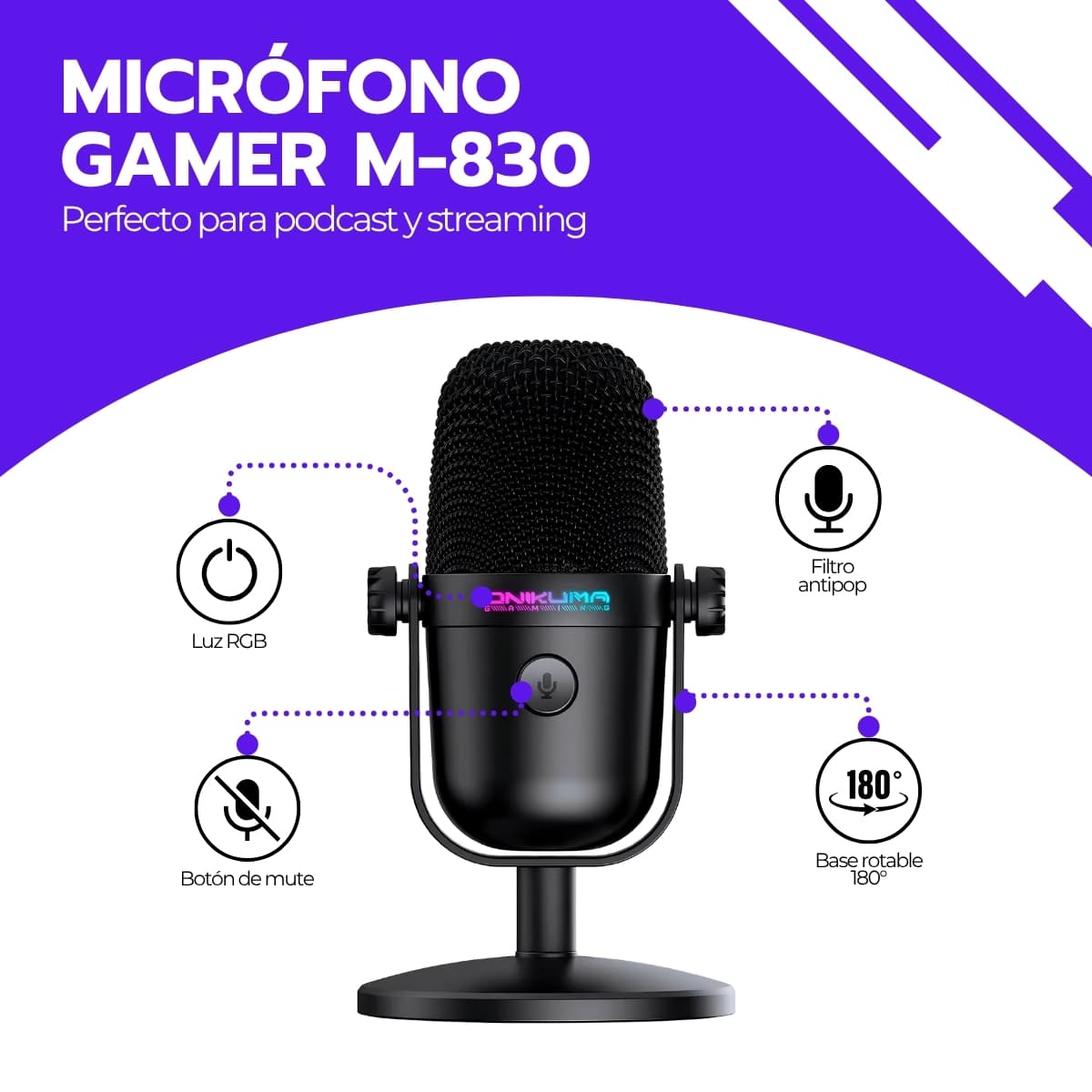 Audifonos Gamer con Microfono Onikuma M-830 RGB | Captación Cardioide, Reducción de Ruido y Mute Táctil para Gaming y Streaming — imagen 3