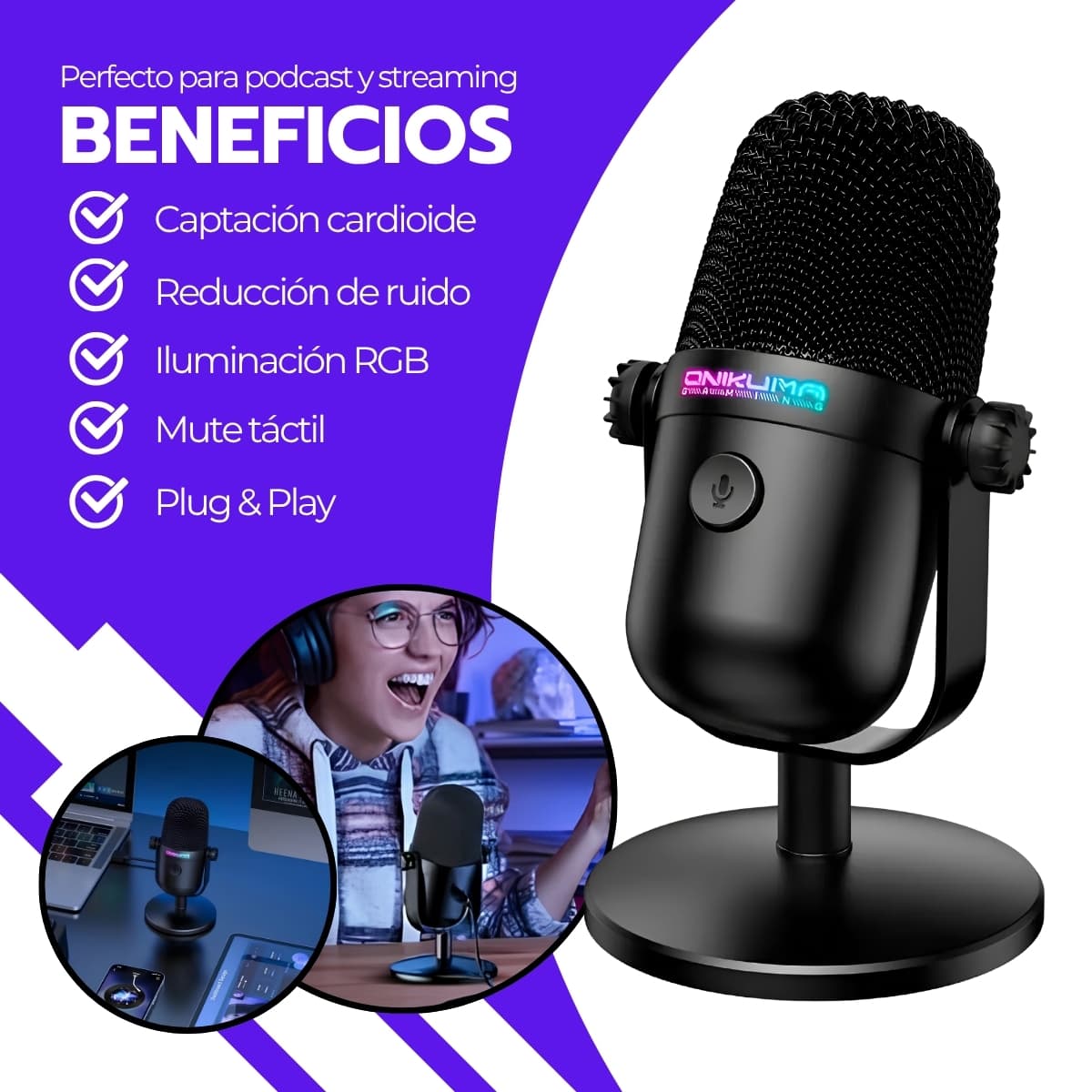 Audifonos Gamer con Microfono Onikuma M-830 RGB | Captación Cardioide, Reducción de Ruido y Mute Táctil para Gaming y Streaming — imagen 4