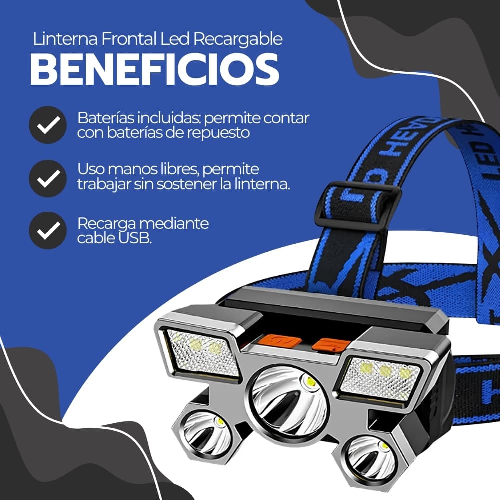 Linterna de Cabeza Recargable USB-C con 5 LEDs | Frontal Manos Libres Resistente al Agua para Camping y Trabajo Nocturno | Novystor — imagen 4