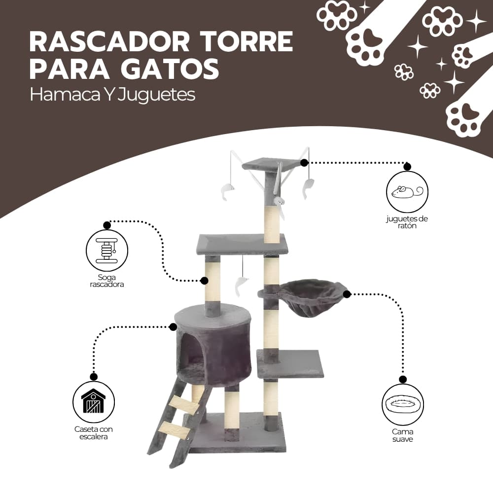 Rascador Torre Para Gatos con Hamaca y Juguetes | Árbol Multi-Nivel de 5 Pisos con Casita para Descansar y Trepar | Novystor — imagen 3