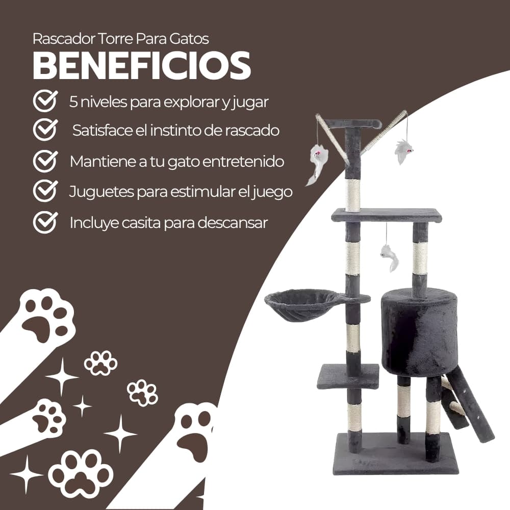 Rascador Torre Para Gatos con Hamaca y Juguetes | Árbol Multi-Nivel de 5 Pisos con Casita para Descansar y Trepar | Novystor — imagen 4