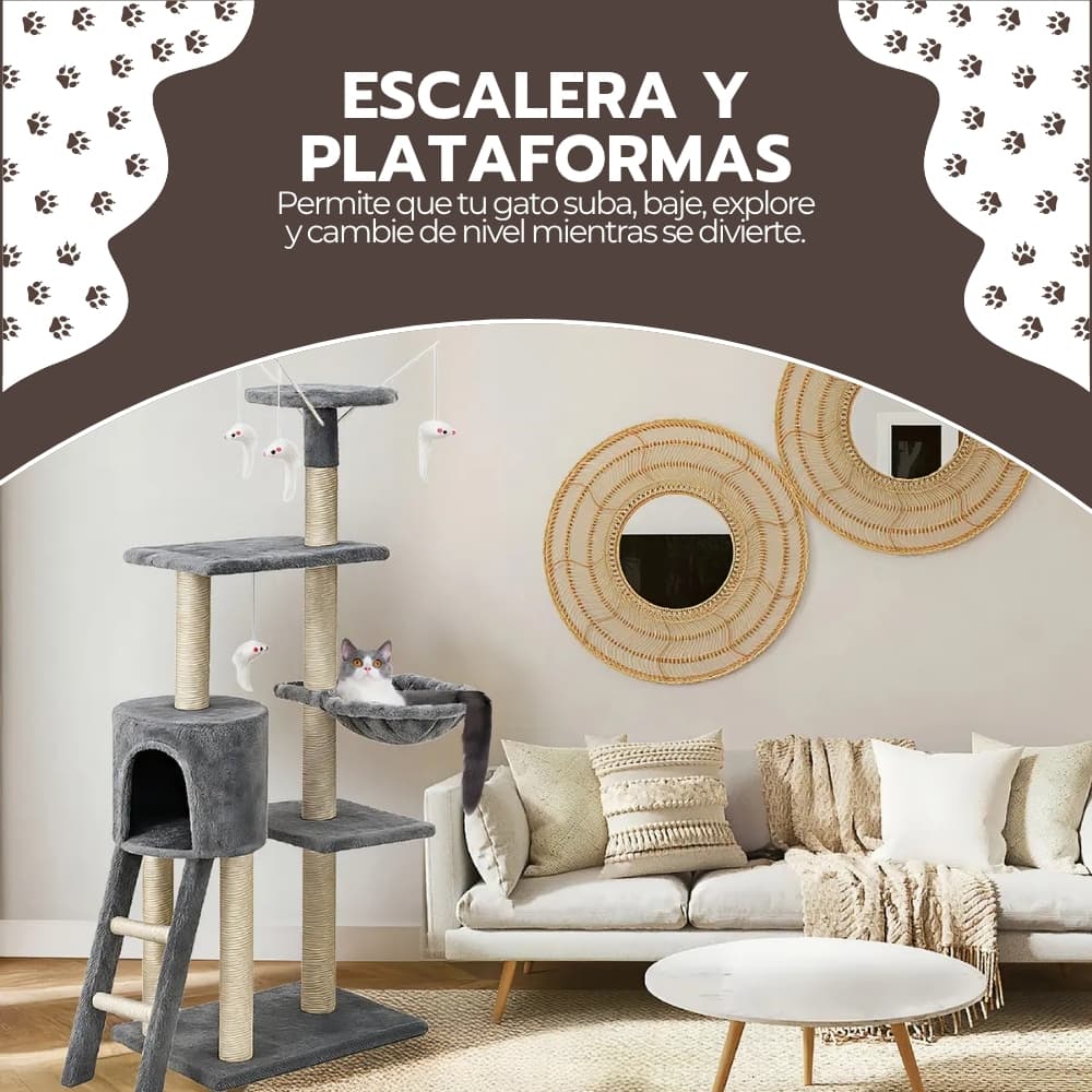 Rascador Torre Para Gatos con Hamaca y Juguetes | Árbol Multi-Nivel de 5 Pisos con Casita para Descansar y Trepar | Novystor — imagen 8