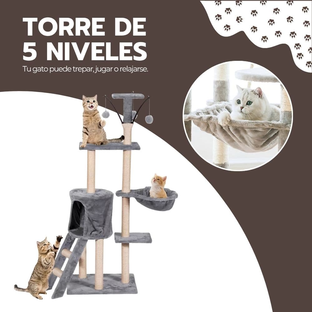 Rascador Torre Para Gatos con Hamaca y Juguetes | Árbol Multi-Nivel de 5 Pisos con Casita para Descansar y Trepar | Novystor — imagen 10