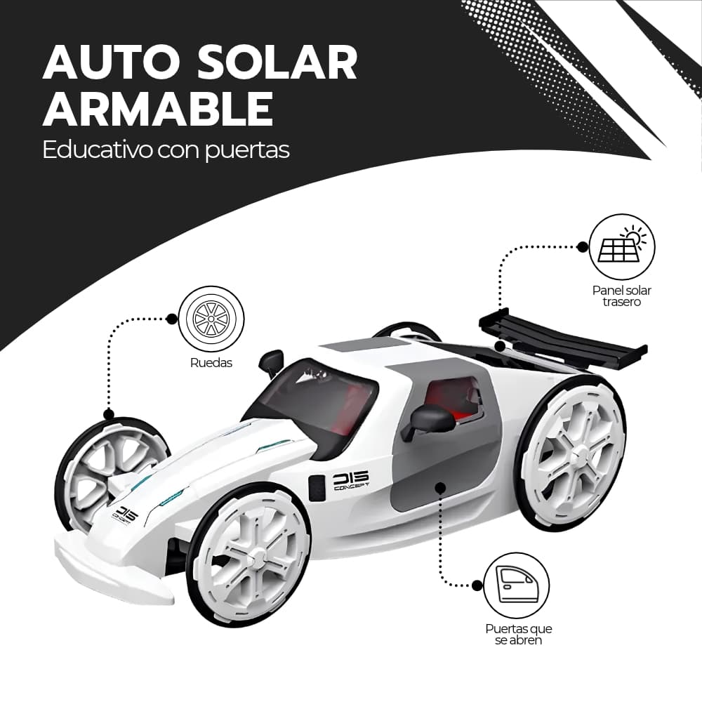 Auto a panel solar armable educativo STEM con doble alimentación solar y batería para aprender energía renovable | Novystor — imagen 3
