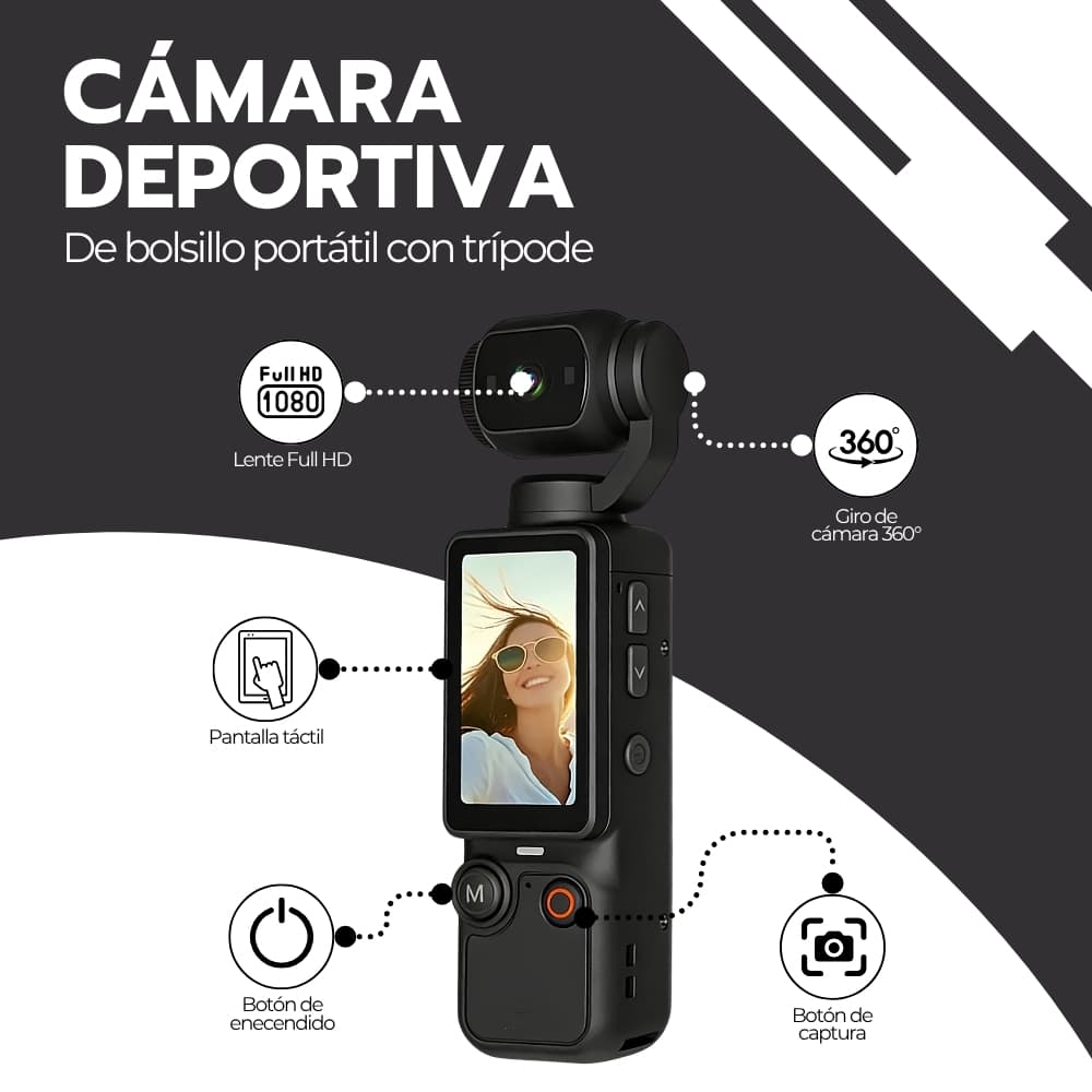 Cámara deportiva de bolsillo portátil con trípode — imagen 3