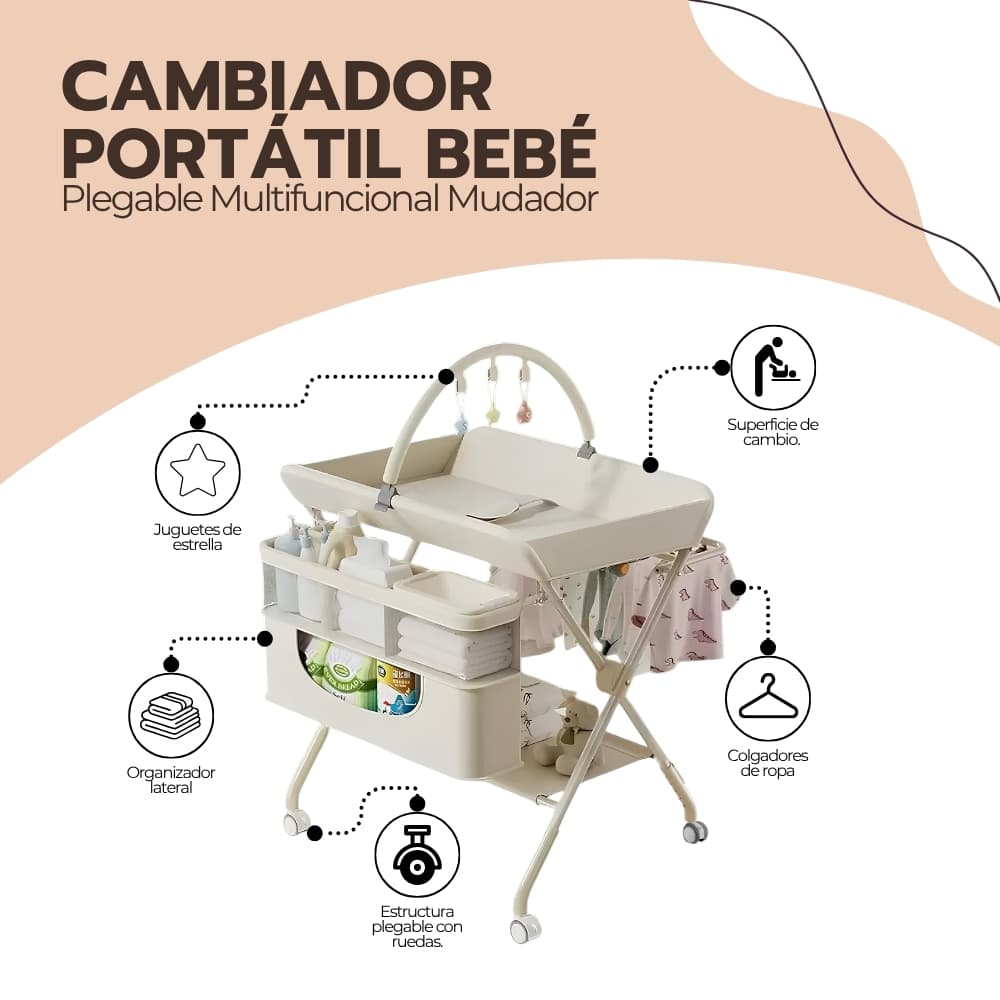 Cambiador Portátil Bebé Plegable Multifuncional con Ruedas y Almacenamiento | Mudador Blanco para Organizar Accesorios — imagen 3