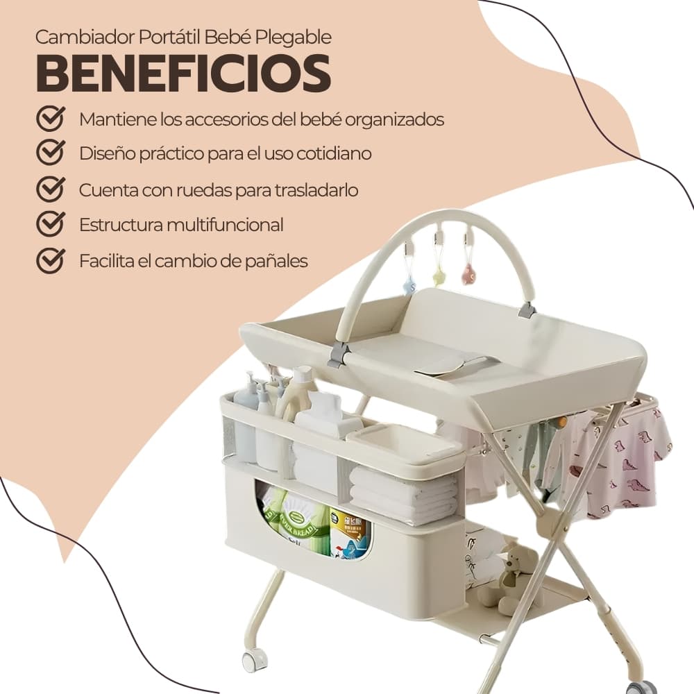 Cambiador Portátil Bebé Plegable Multifuncional con Ruedas y Almacenamiento | Mudador Blanco para Organizar Accesorios — imagen 4