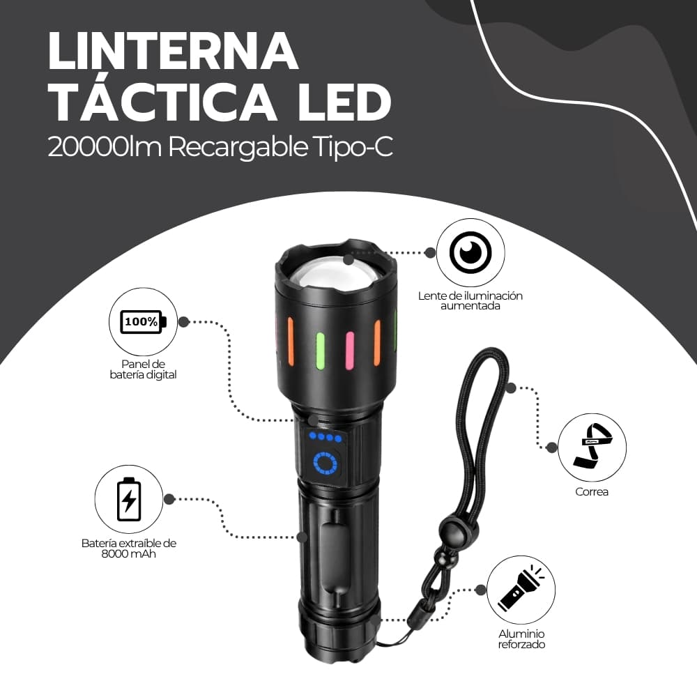Linterna tactica recargable 20000 lumenes | 80W con zoom 500m y 7 modos | Power Bank USB-C — imagen 3