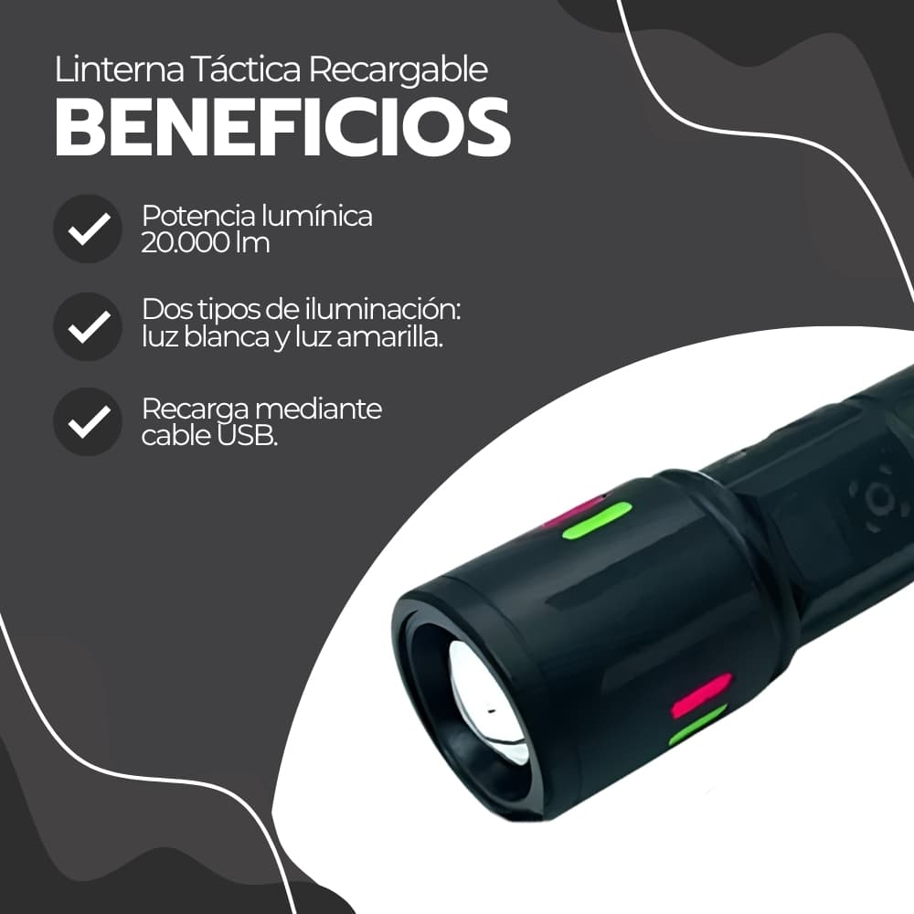 Linterna tactica recargable 20000 lumenes | 80W con zoom 500m y 7 modos | Power Bank USB-C — imagen 4