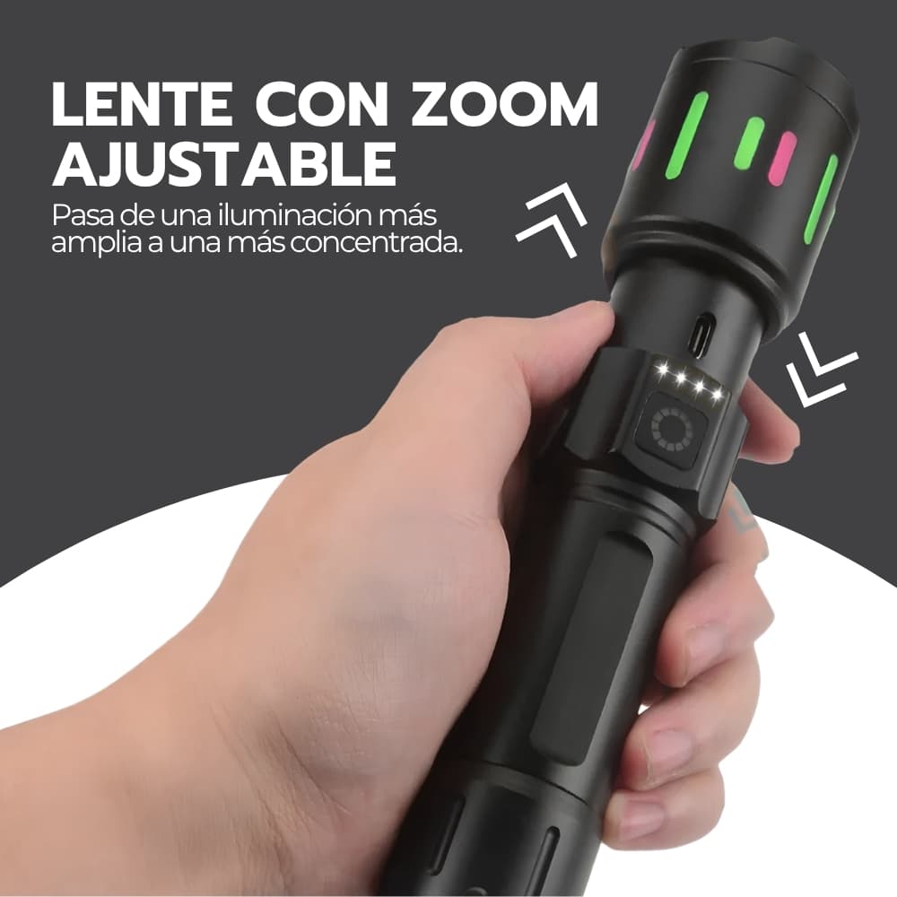 Linterna tactica recargable 20000 lumenes | 80W con zoom 500m y 7 modos | Power Bank USB-C — imagen 10