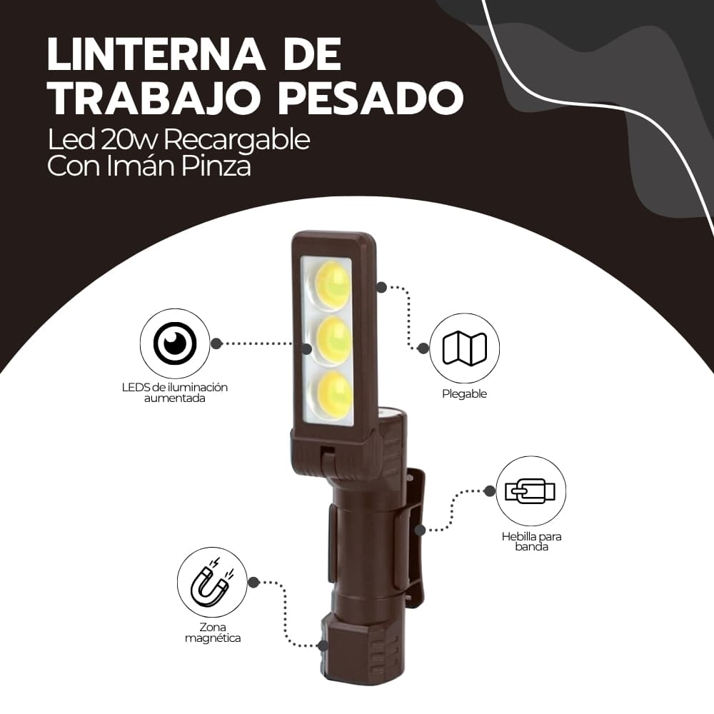 Linterna de Trabajo Recargable 20W LED con Imán y Pinza | Correa Ajustable para Cabeza | Uso Profesional y Camping | Novystor — imagen 3