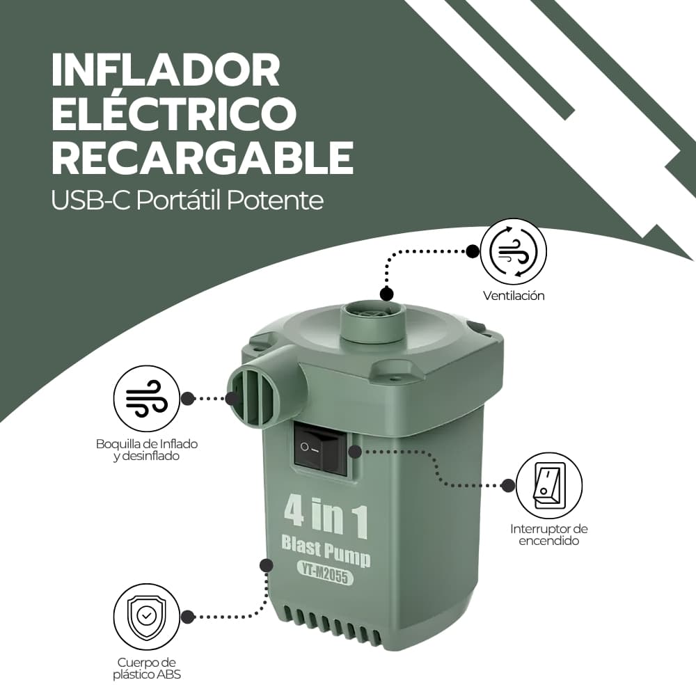 Inflador Eléctrico Portátil para Neumáticos, Colchones y Globos | Recargable USB-C con 300 L/min y 3 Boquillas Intercambiables | Novystor — imagen 3