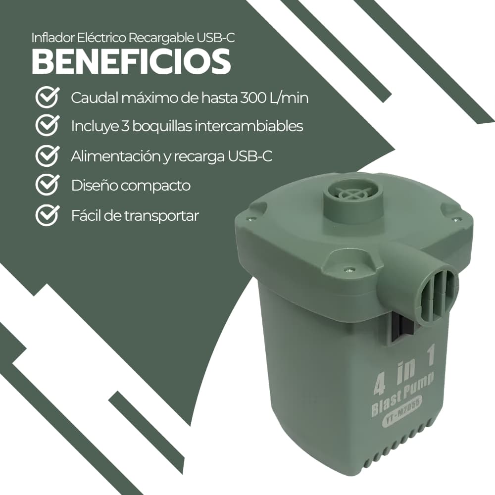 Inflador Eléctrico Portátil para Neumáticos, Colchones y Globos | Recargable USB-C con 300 L/min y 3 Boquillas Intercambiables | Novystor — imagen 4