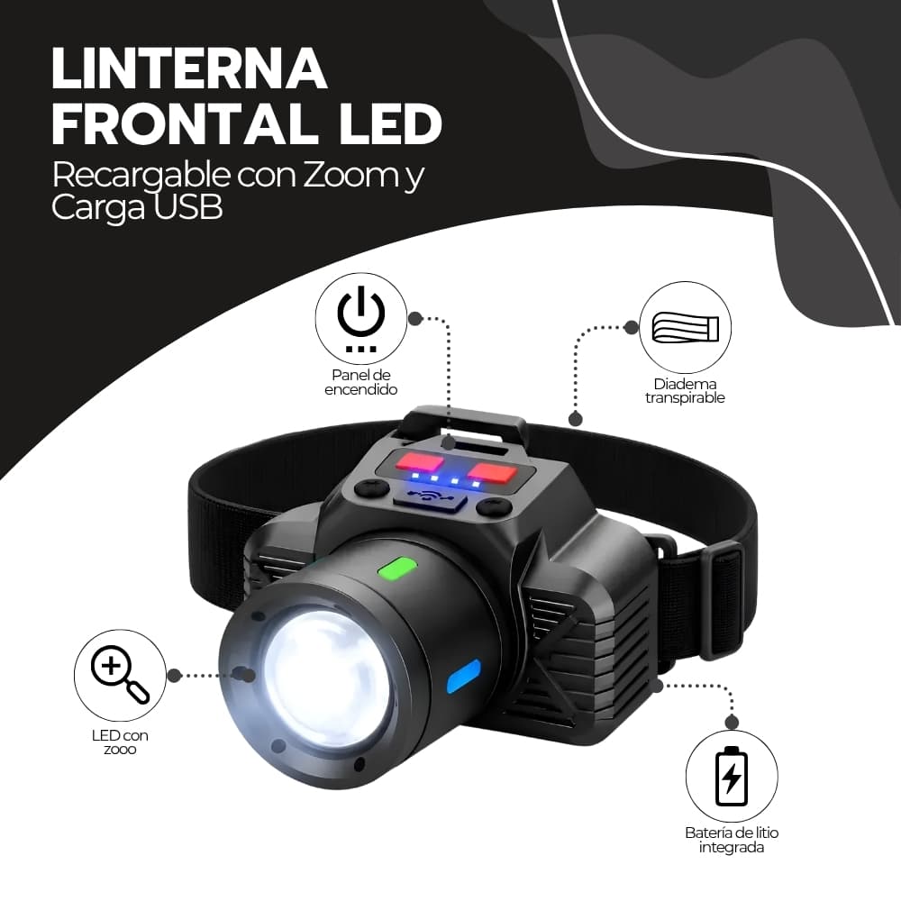 Linterna de Cabeza Recargable LED con Zoom y Puerto USB | Compacta para Manos Libres en Camping, Trabajos Nocturnos y Reparaciones | Novystor — imagen 3