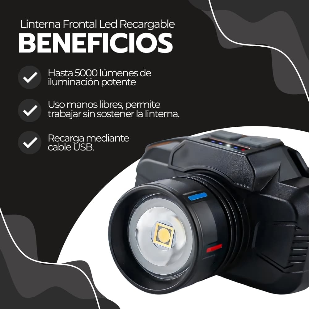 Linterna de Cabeza Recargable LED con Zoom y Puerto USB | Compacta para Manos Libres en Camping, Trabajos Nocturnos y Reparaciones | Novystor — imagen 4