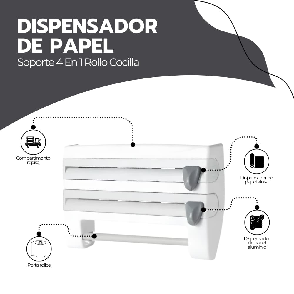 Dispensador de Papel Cocina 4 en 1 con Cuchillas para Aluminio, Film y Toalla | Organizador Multifuncional | Novystor — imagen 3