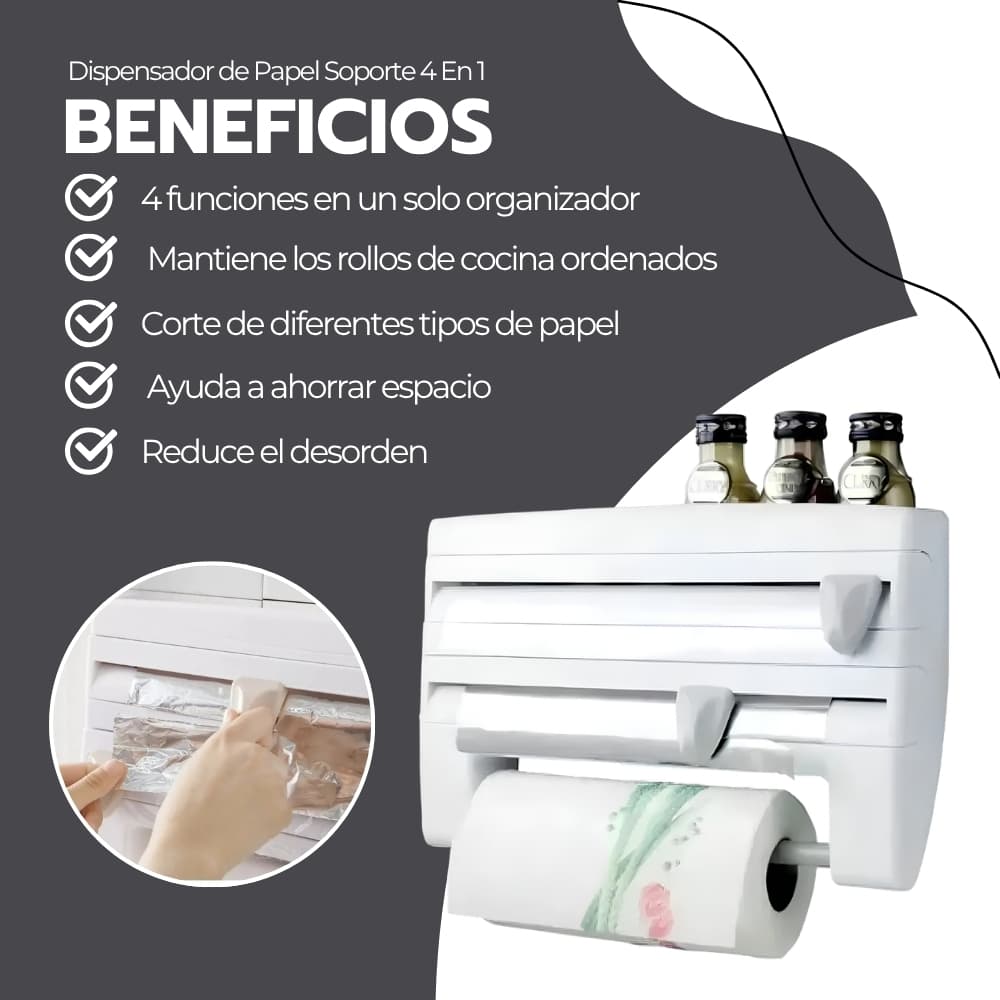 Dispensador de Papel Cocina 4 en 1 con Cuchillas para Aluminio, Film y Toalla | Organizador Multifuncional | Novystor — imagen 4