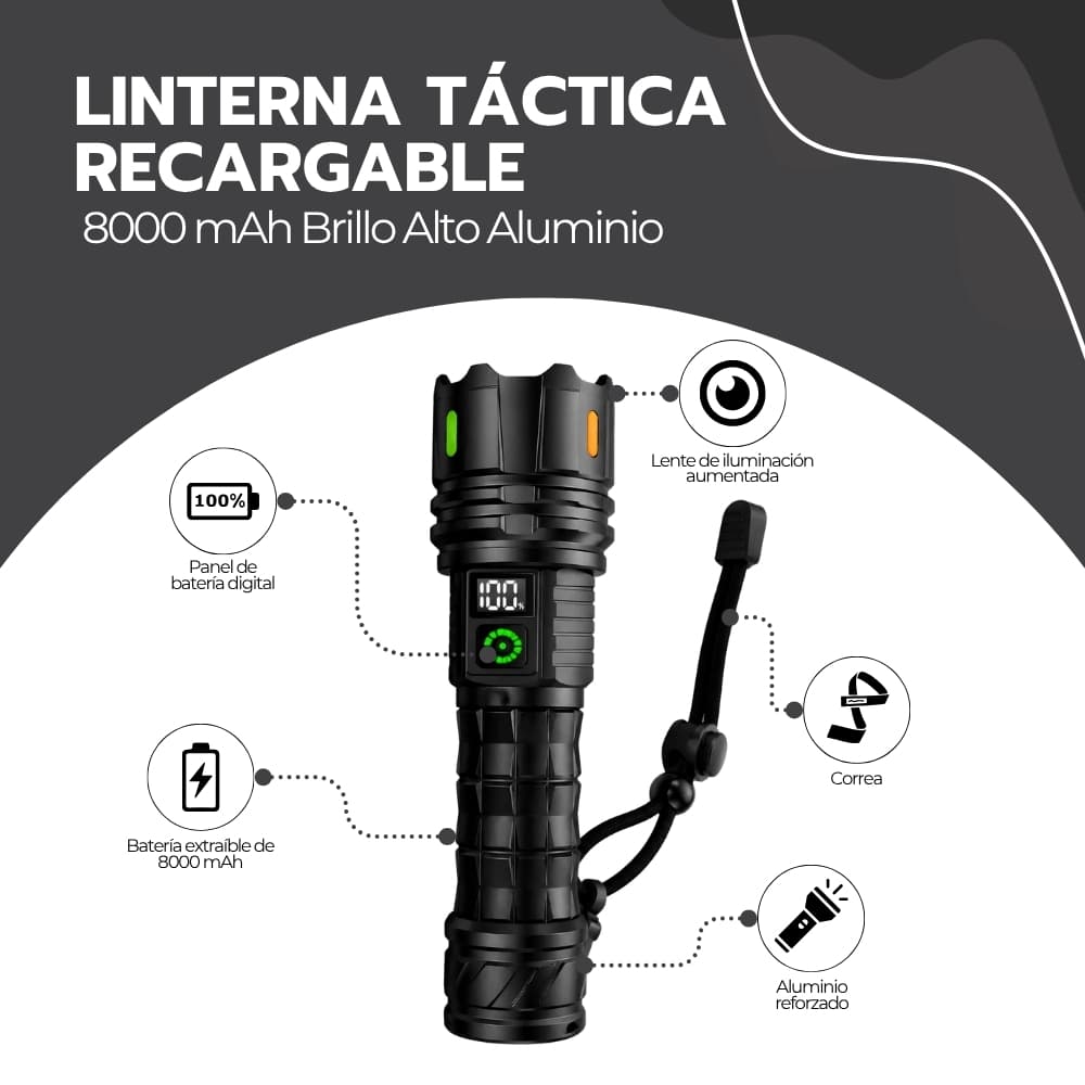 Linterna Táctica Recargable 8000 mAh | LED Alta Potencia con Luz Blanca y Amarilla | Ideal para Camping, Emergencias y Exterior | Aluminio — imagen 3