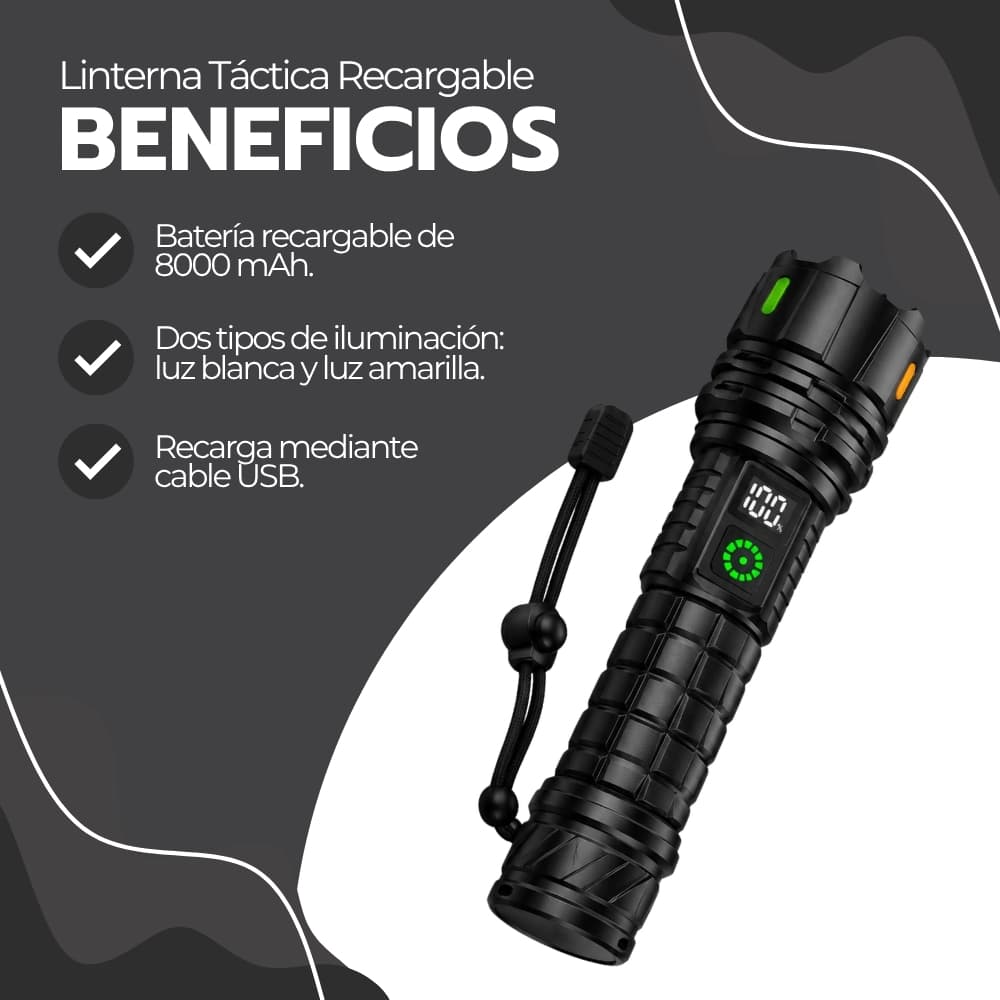 Linterna Táctica Recargable 8000 mAh | LED Alta Potencia con Luz Blanca y Amarilla | Ideal para Camping, Emergencias y Exterior | Aluminio — imagen 4