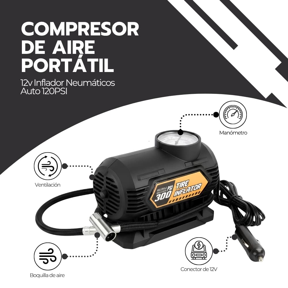 Compresor de Aire para Auto Portátil 12V | Inflador de Neumáticos 120 PSI con Manómetro y Accesorios | Compacto para Vehículo | Novystor — imagen 3