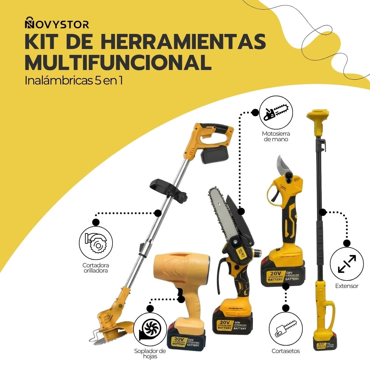 Herramienta Multifuncional Inalámbrica 5 en 1 para Jardinería | Kit con Motosierra, Orilladora y Soplador | Incluye 2 Baterías y Cargador | Novystor — imagen 3