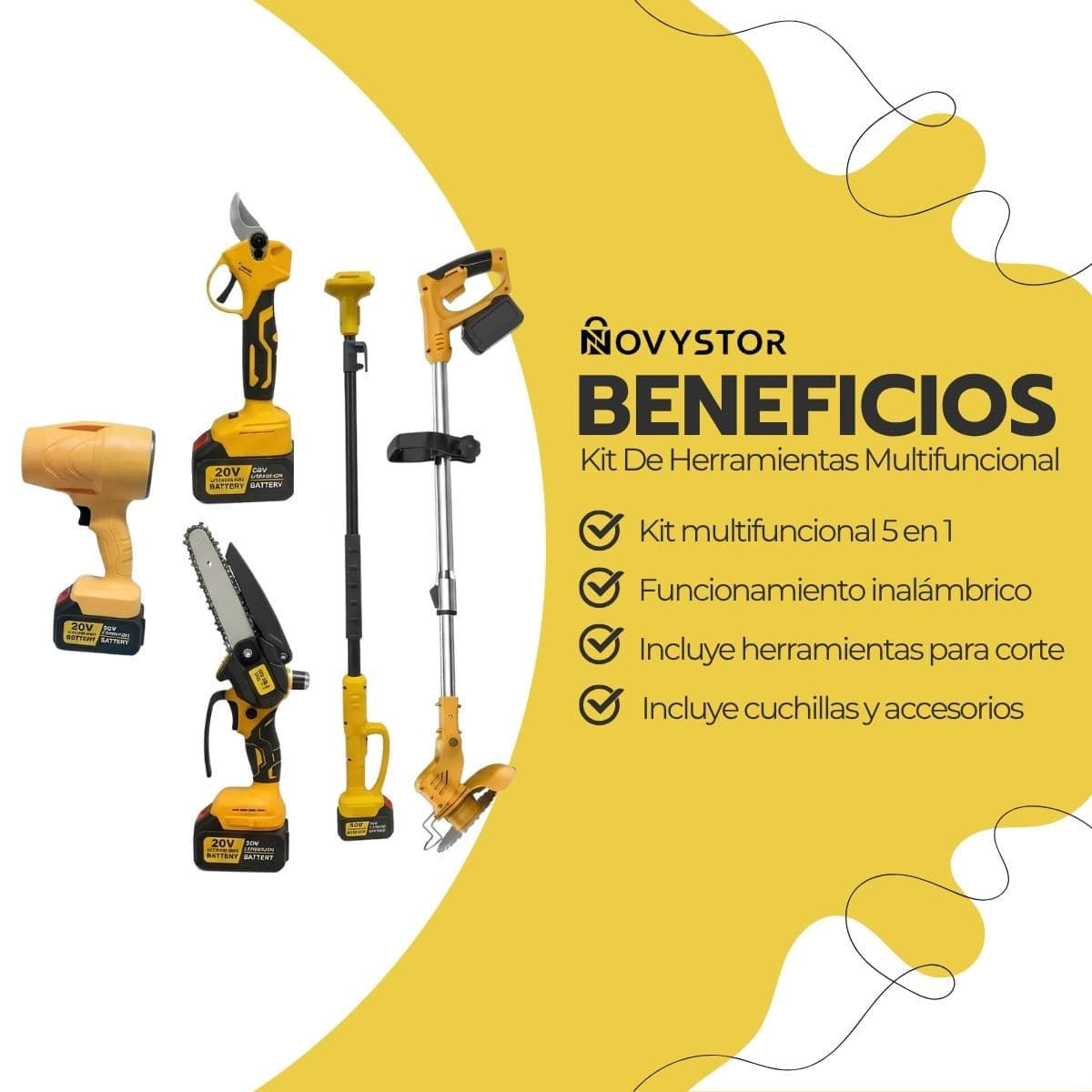 Herramienta Multifuncional Inalámbrica 5 en 1 para Jardinería | Kit con Motosierra, Orilladora y Soplador | Incluye 2 Baterías y Cargador | Novystor — imagen 4