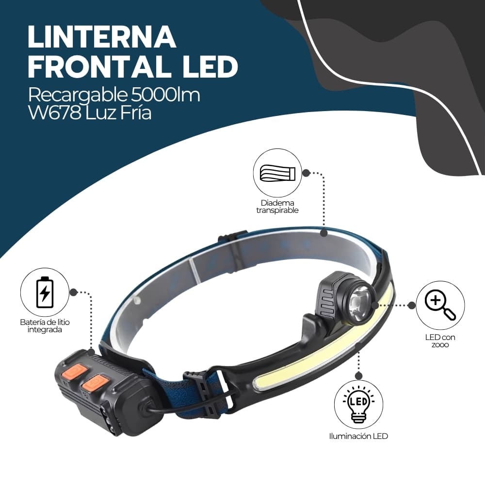Linterna de Cabeza Recargable 5000lm W678 | Luz Fría LED Manos Libres para Camping, Ciclismo y Minería | Novystor — imagen 3