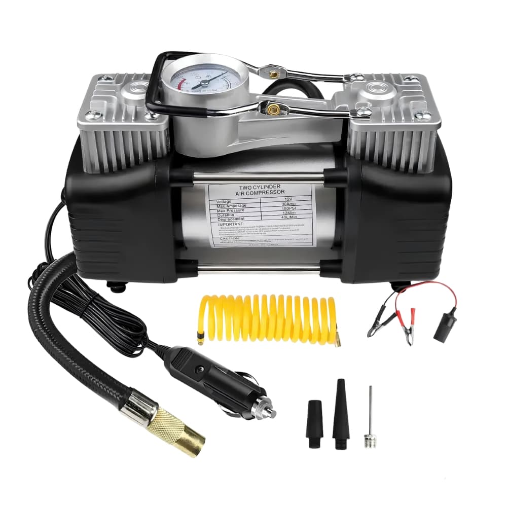 Compresor de Aire para Neumáticos 2 Cilindros 12V 150 PSI | Inflador Portátil con Manómetro y 3 Boquillas | Novystor