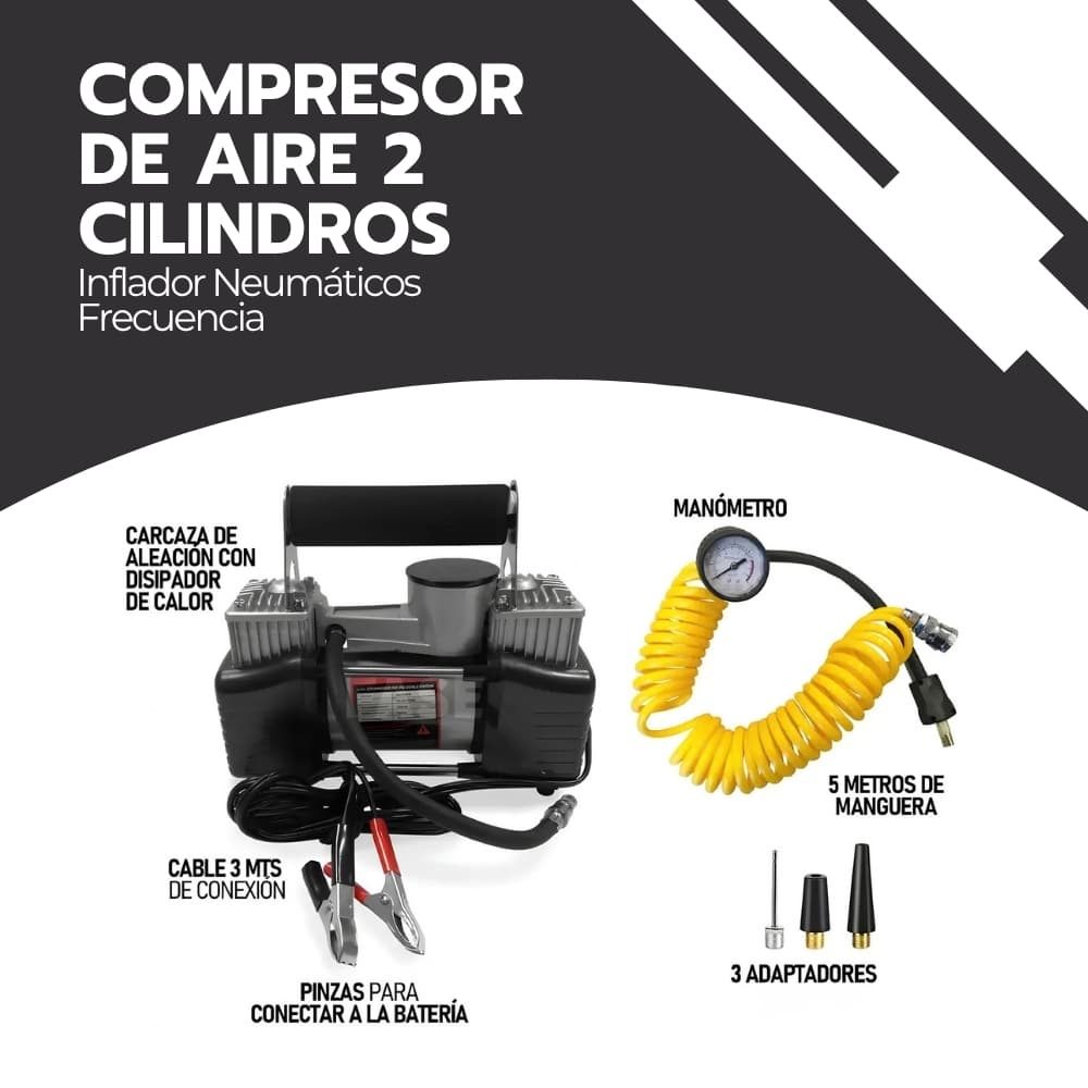 Compresor de Aire para Neumáticos 2 Cilindros 12V 150 PSI | Inflador Portátil con Manómetro y 3 Boquillas | Novystor — imagen 3