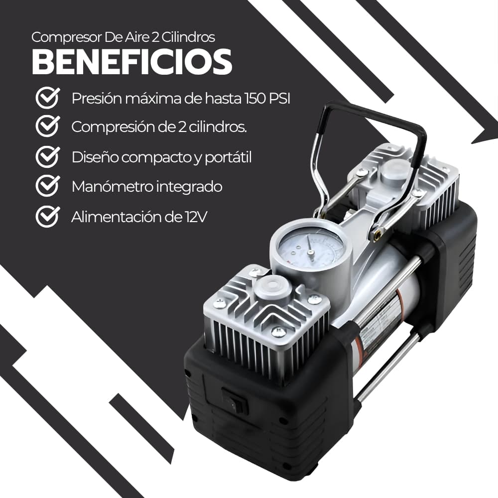 Compresor de Aire para Neumáticos 2 Cilindros 12V 150 PSI | Inflador Portátil con Manómetro y 3 Boquillas | Novystor — imagen 4