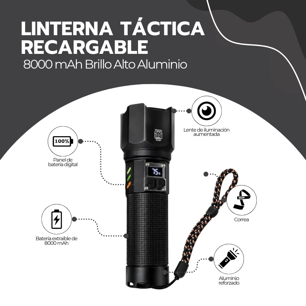 Linterna super potente 35000 lúmenes 30W | Zoom telescópico, batería USB-C y alcance 700 m — imagen 3