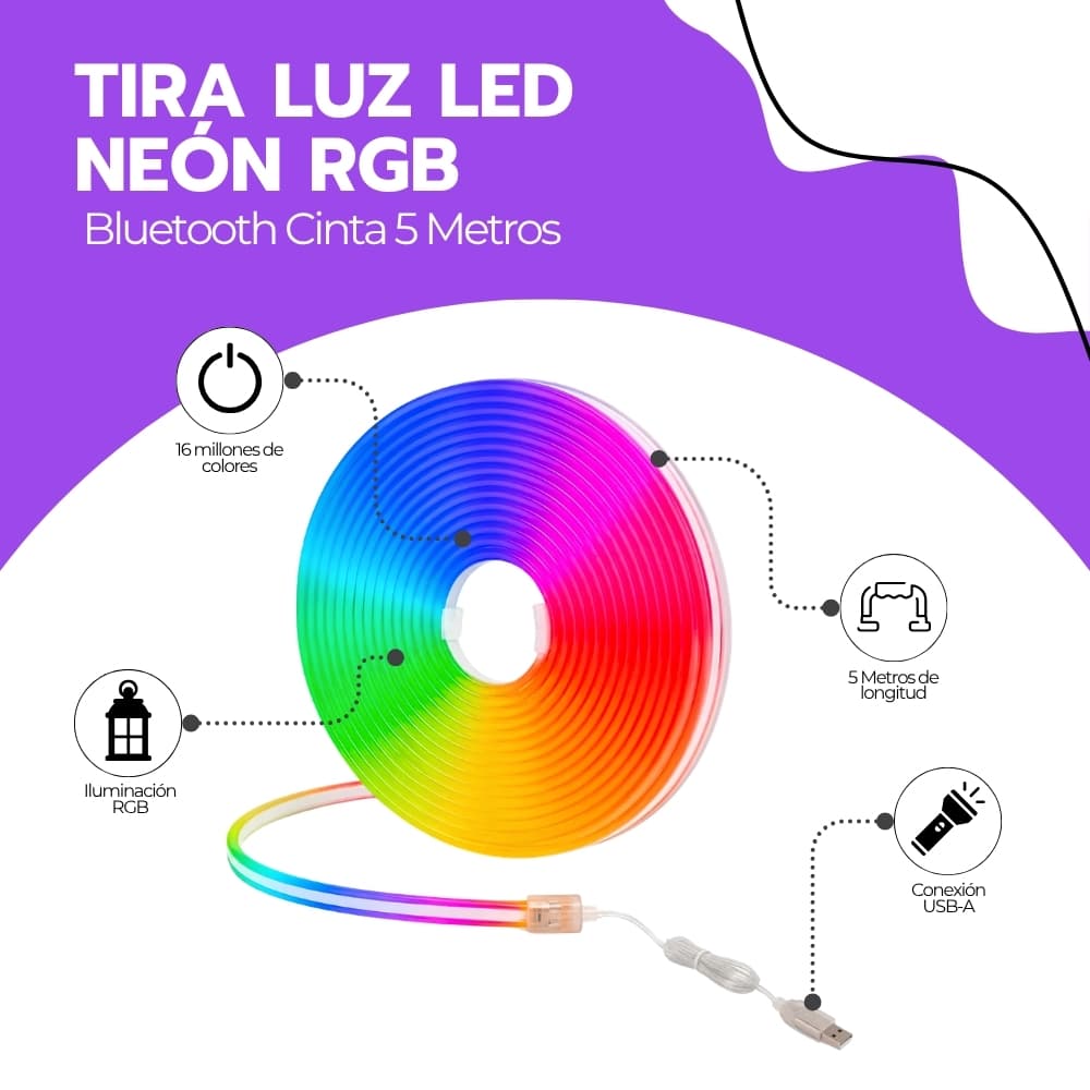 Tira LED Neón RGB 5 Metros con Bluetooth y Control USB | Cinta de Luces Flexible para Decorar Dormitorio, Escritorio o Sala | Novystor — imagen 3