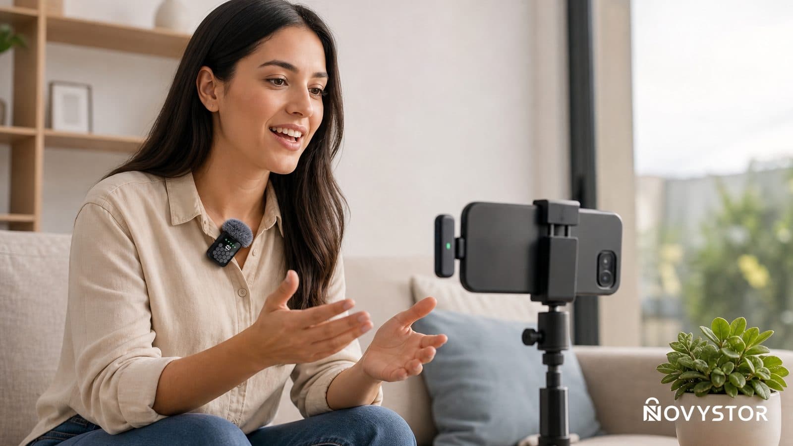 Micrófono Lavalier Inalámbrico 4 En 1 QY66 negro con receptor USB-C, cuatro adaptadores y estuche abierto sobre fondo claro