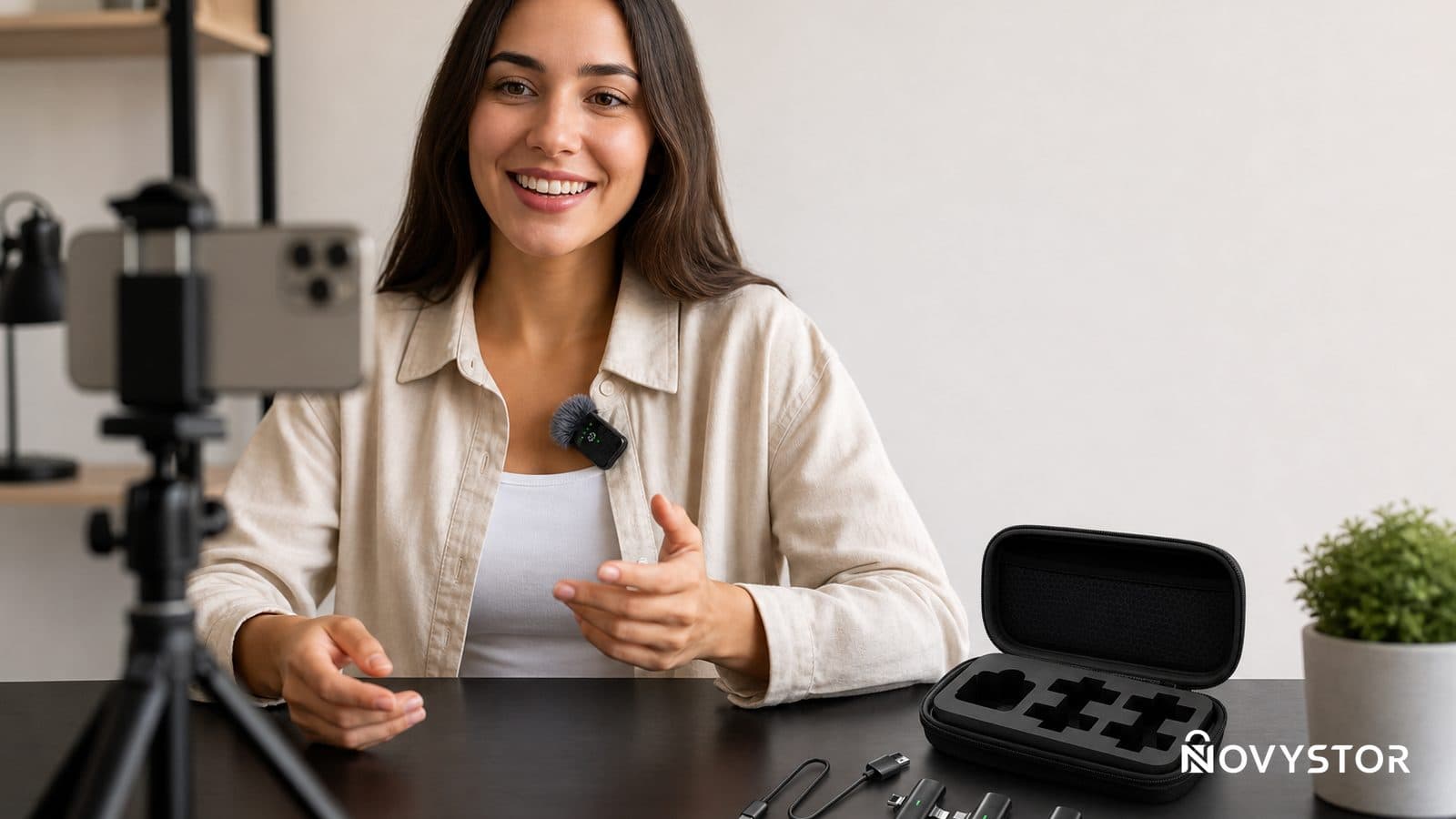 Micrófono lavalier inalámbrico negro QY66 con receptor, cuatro adaptadores plug & play y estuche de almacenamiento sobre una mesa