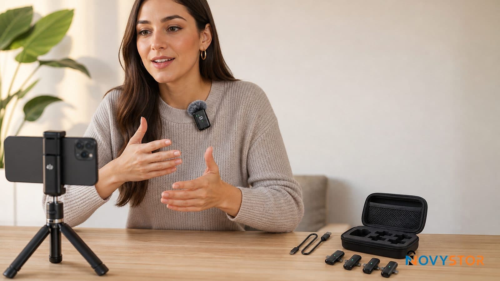 Micrófono lavalier inalámbrico QY66 negro con sus 4 adaptadores y estuche de almacenamiento