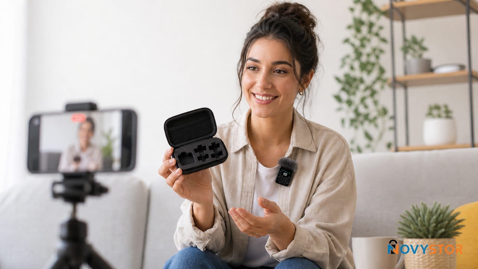 Micrófono inalámbrico QY66 enganchado en la solapa de una camisa, con el receptor conectado a un celular mediante USB-C y el estuche de almacenamiento abierto mostrando los 4 adaptadores.