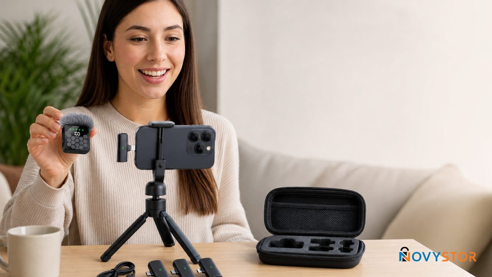 Micrófono lavalier inalámbrico QY66 negro con sus 4 adaptadores y estuche de almacenamiento sobre una mesa blanca