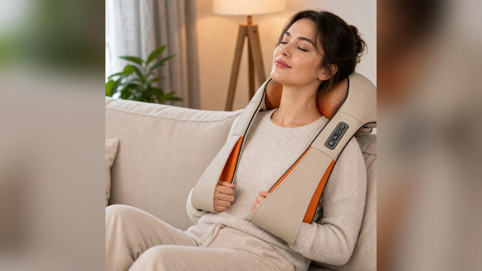Masajeador cervical beige y naranja de Novystor apoyado sobre los hombros de una persona sentada, mostrando los rodillos internos y el panel de botones.