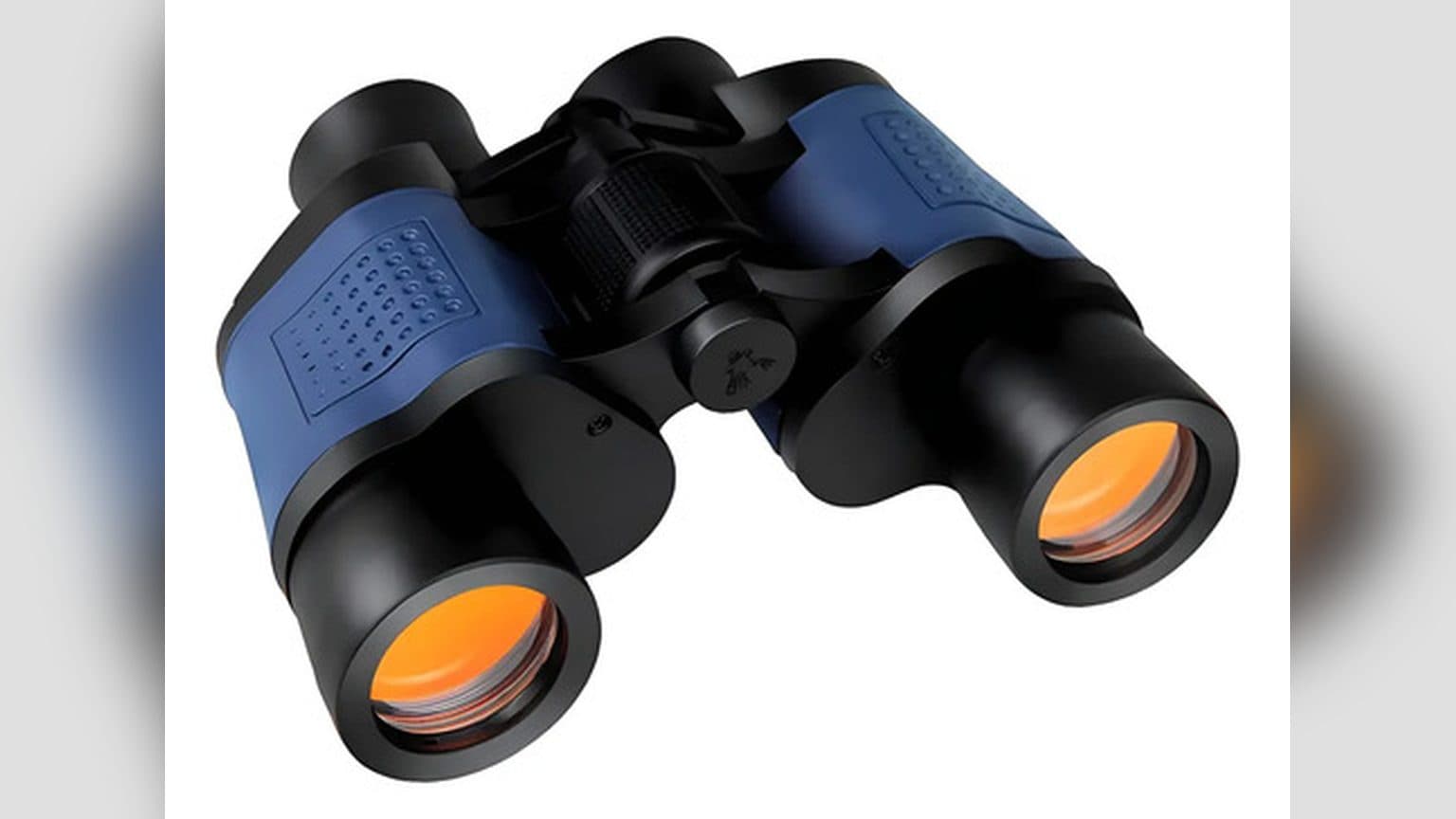 Binocular profesional 60x60 azul sobre mesa de madera junto a su bolsa de transporte, con lente objetivo de 60mm visible en primer plano.