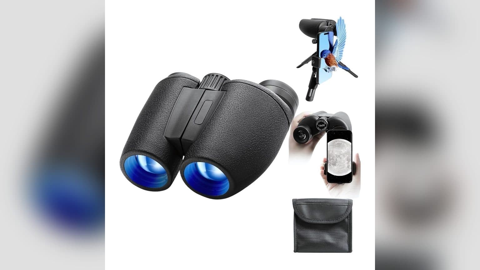 Binoculares Night Fury BAK4 con trípode y adaptador de celular montados, listos para usar en observación outdoor