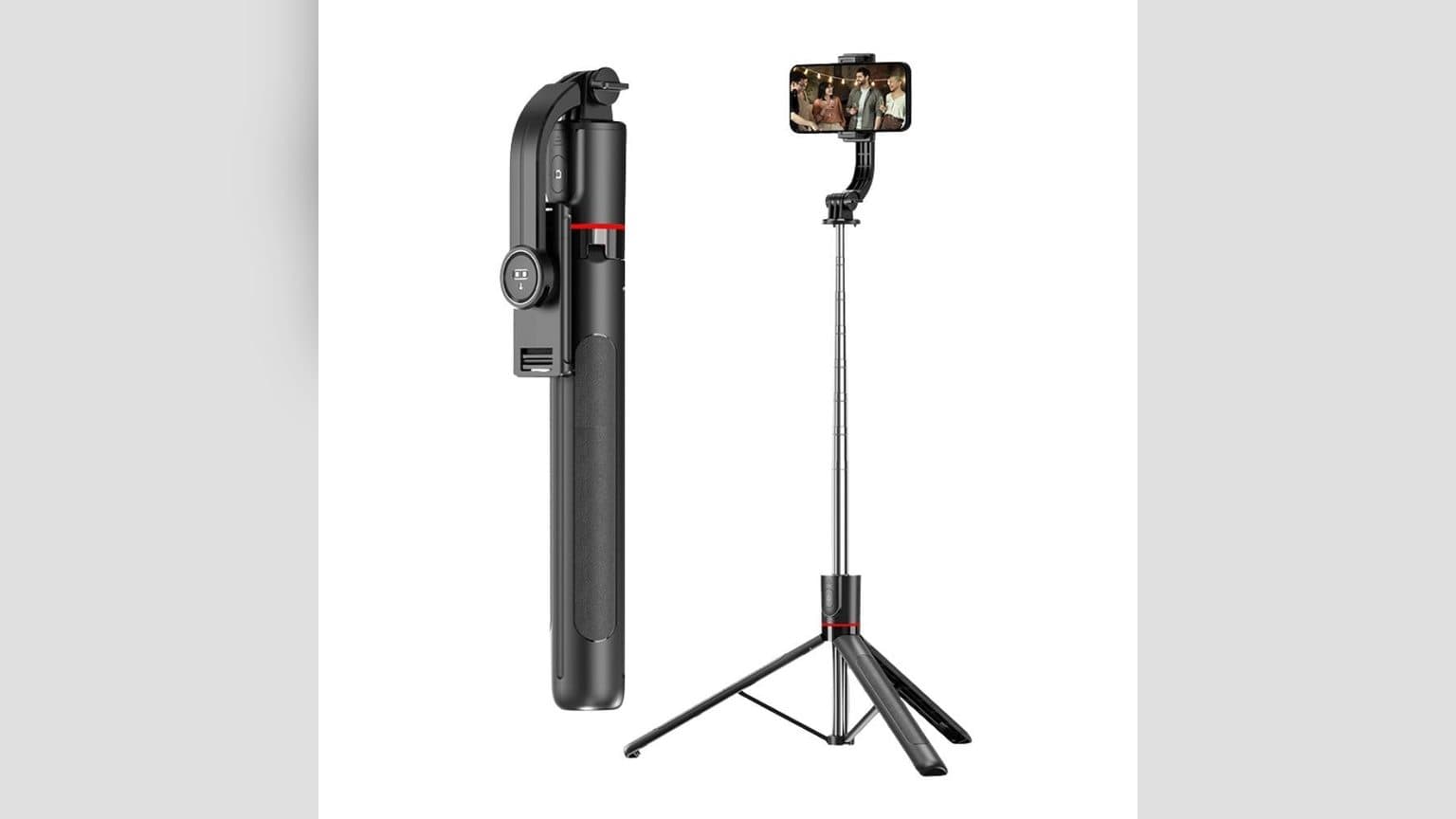 Palo selfie extensible con trípode y rotación 360° de Novystor, extendido junto a un celular montado en posición horizontal