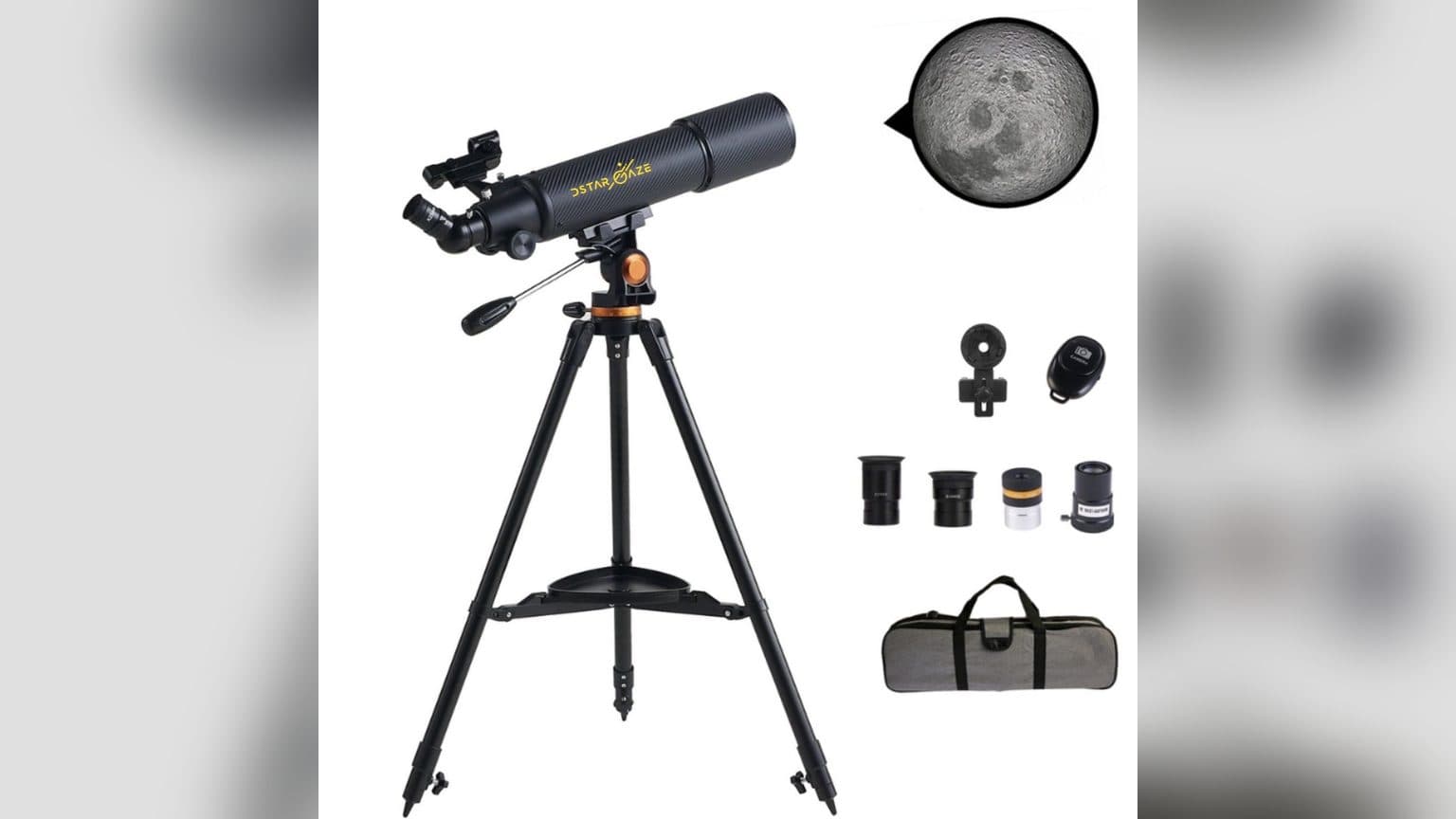 Buscador red dot montado sobre un telescopio refractor de Novystor, con el punto rojo encendido contra el cielo del atardecer.