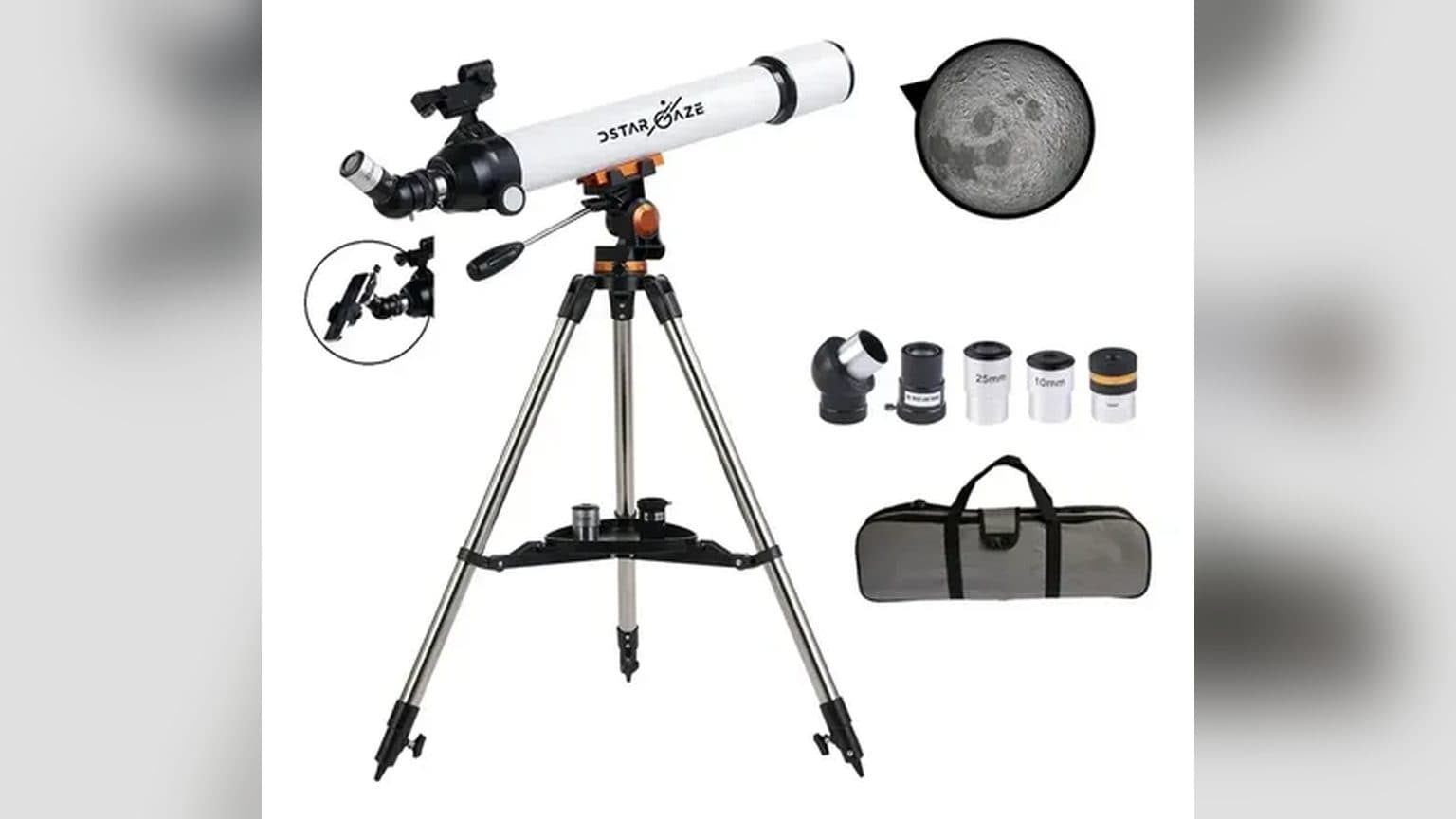 Trípode de aluminio de telescopio astronómico Novystor extendido en patio chileno de noche