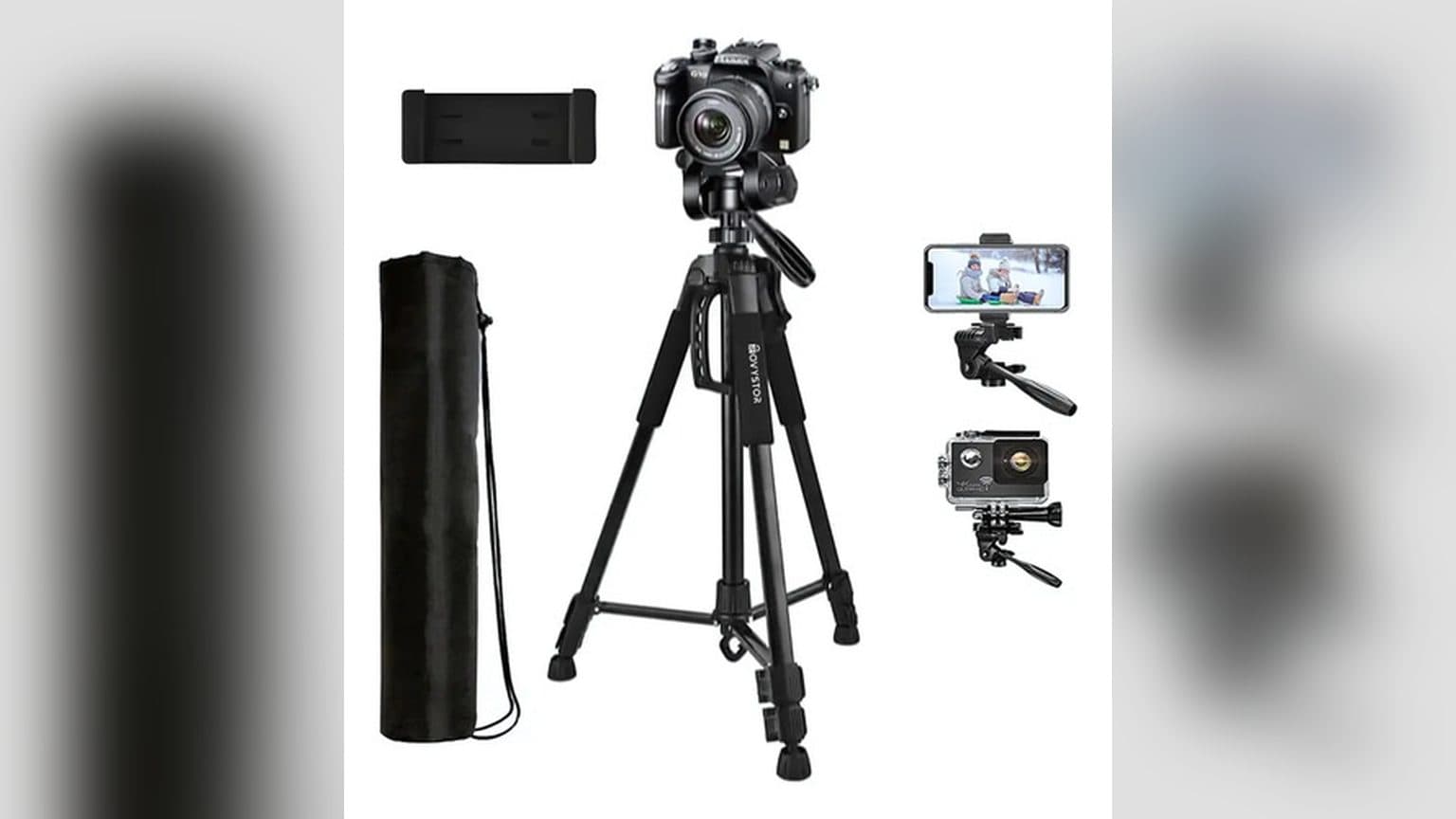 Dron plegable FP-L990 con cámara 4K junto a trípode profesional 3366 y binoculares 60x60 sobre mesa de trabajo, mostrando conectores y medidas de compatibilidad