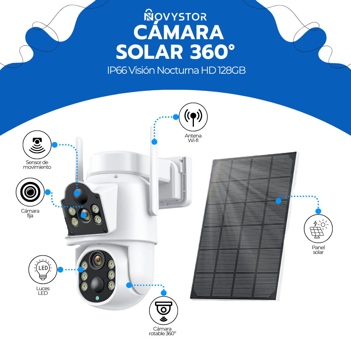 Cámara Solar 360° IP66 Visión Nocturna HD 128GB Wifi