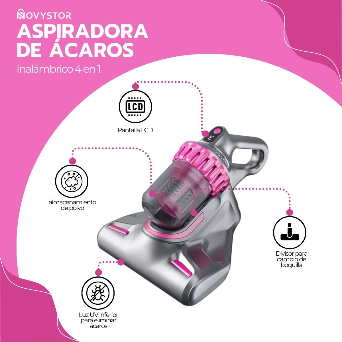 Aspiradora de Ácaros 4en1 Inalámbrica con Luz UV Portátil