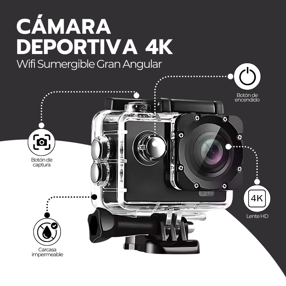 Cámara de Acción Deportiva 4K Wifi Sumergible Gran Angular