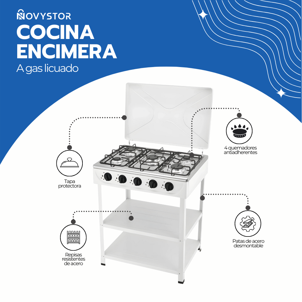 Cocina Encimera Gas 5 Platos con Mesa y Tapa de Acero